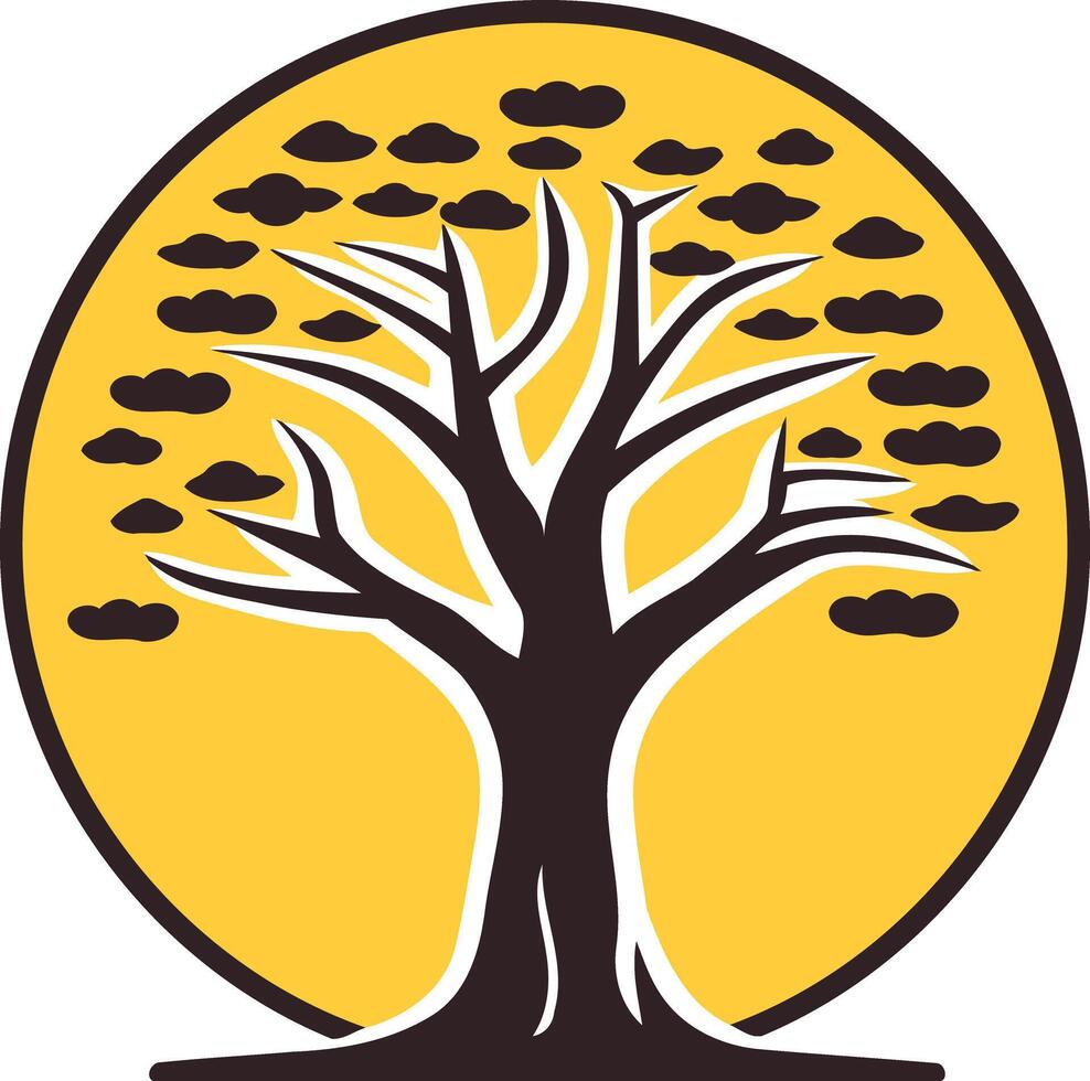 A stylized tree with branches reaching towards a circle of clouds, a powerful symbol of growth, strength, and connection to nature vector