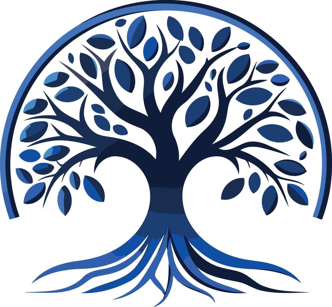 A stylized blue tree with deep roots and a circular canopy, symbolizing growth, connection, and resilience vector