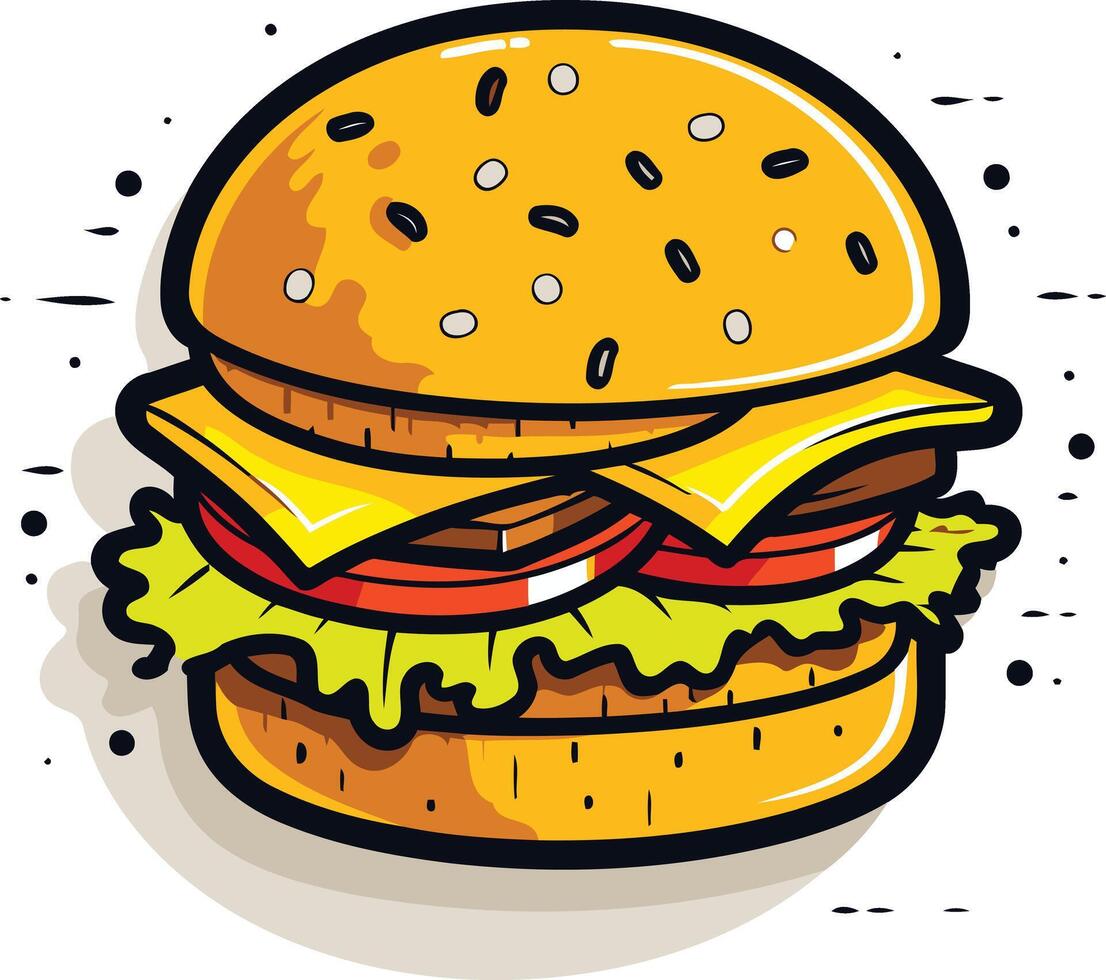 A cartoon illustration of a delicious, juicy burger with all the fixings vector