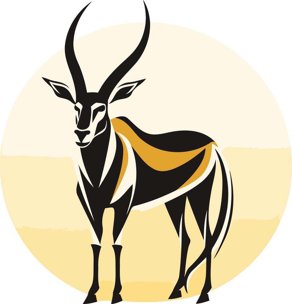 Stylized illustration of a black and yellow antelope standing on a sandy background vector