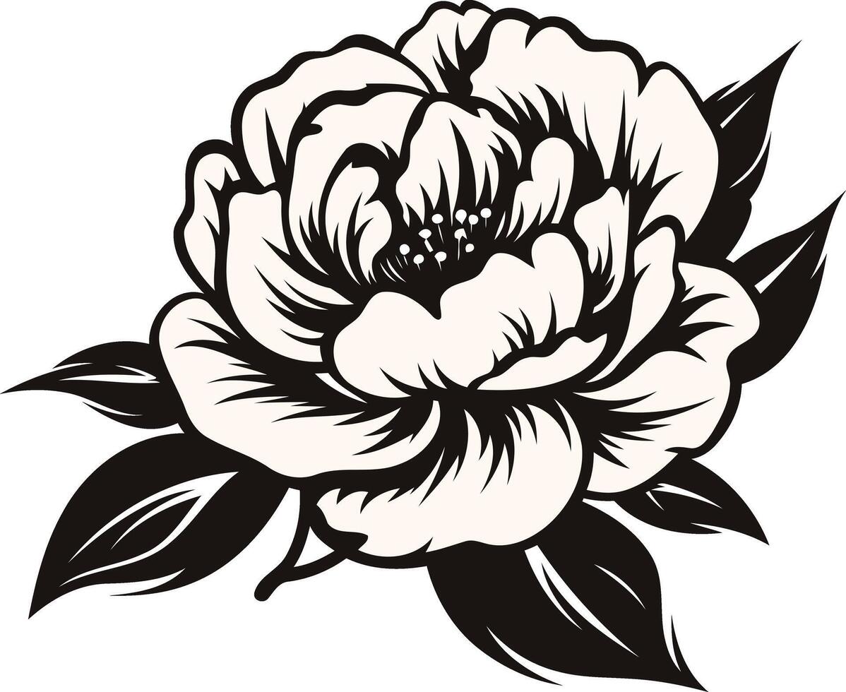 Black and white illustration of a beautiful peony flower with leaves, perfect for creating floral designs, tattoos, and more vector