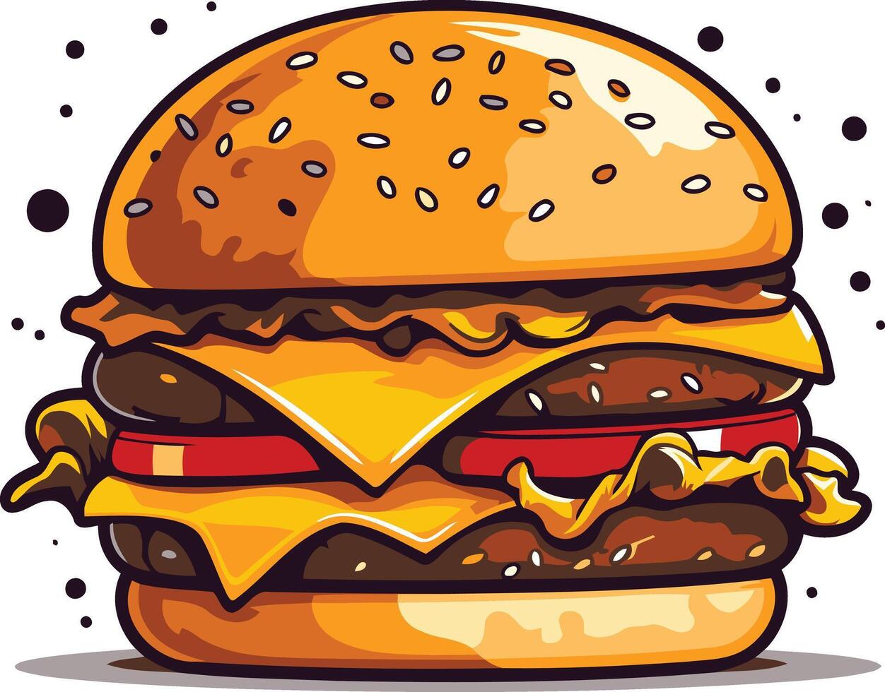 A juicy cartoon burger with cheese, lettuce, and tomato, perfect for menu design, fast food branding, or social media posts vector
