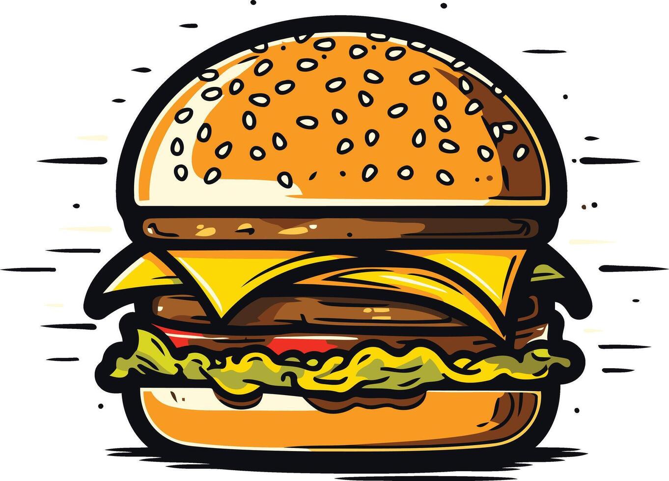 A mouthwatering cartoon illustration of a juicy double cheeseburger with lettuce, tomato, and sesame seed bun vector