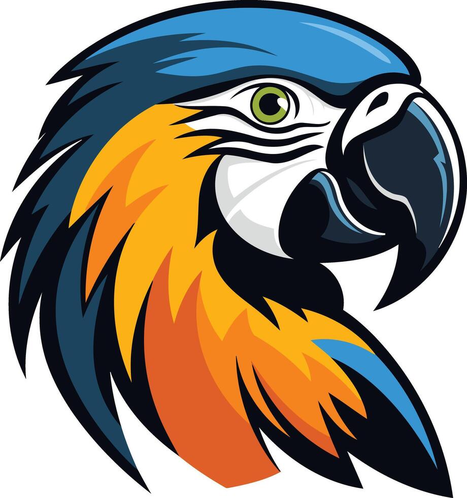 Bold and colorful illustration of a blue and gold macaw parrot head, perfect for branding, logos, and mascot designs vector