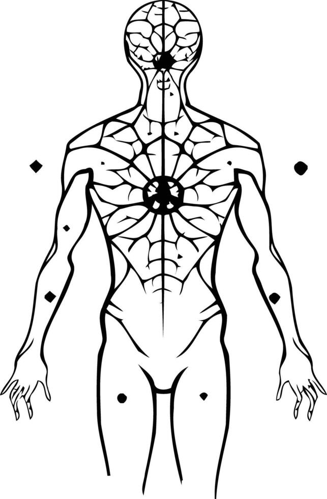 Black and white silhouette of a human figure with a detailed design covering the torso vector