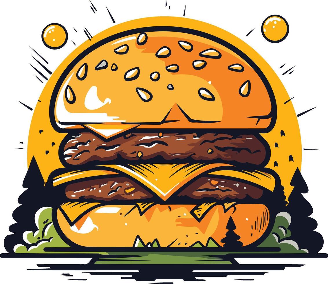 A cartoon style double cheeseburger with a sunset in the background, perfect for food blogs, social media posts, and restaurant menus vector