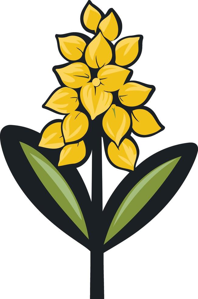 A simple, cartoon-style illustration of a yellow flower with green leaves vector