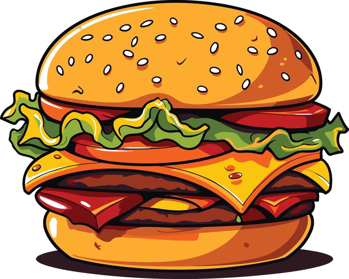 A cartoon illustration of a juicy, mouthwatering burger with sesame seeds, lettuce, tomatoes, cheese, and a meat patty vector