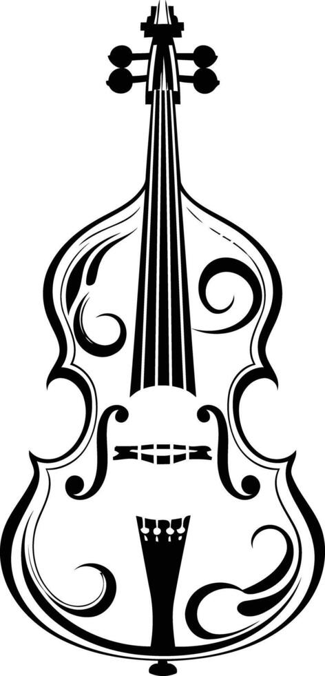 A stylish black and white illustration of a cello with intricate swirling designs vector