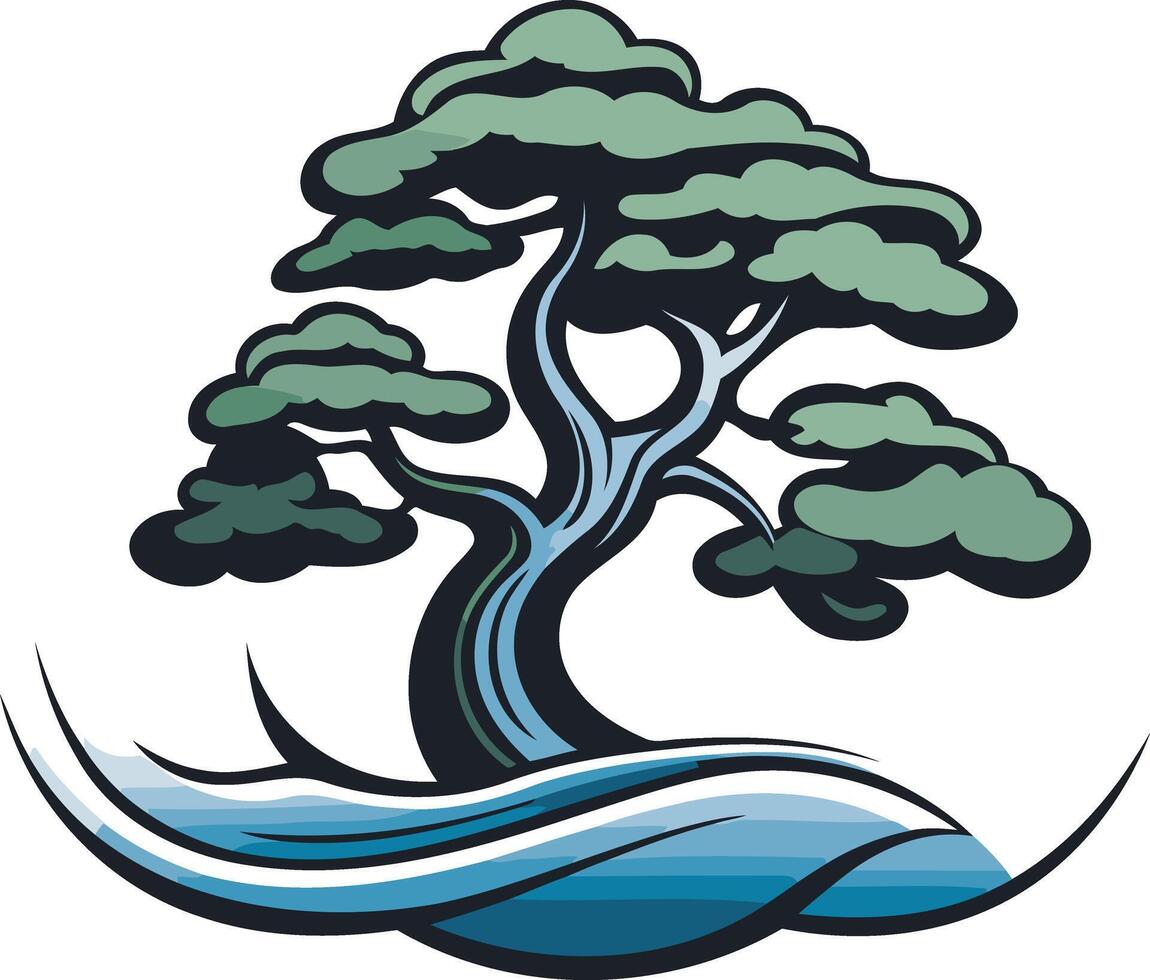 A stylized illustration of a bonsai tree with blue stylized waves at its base vector