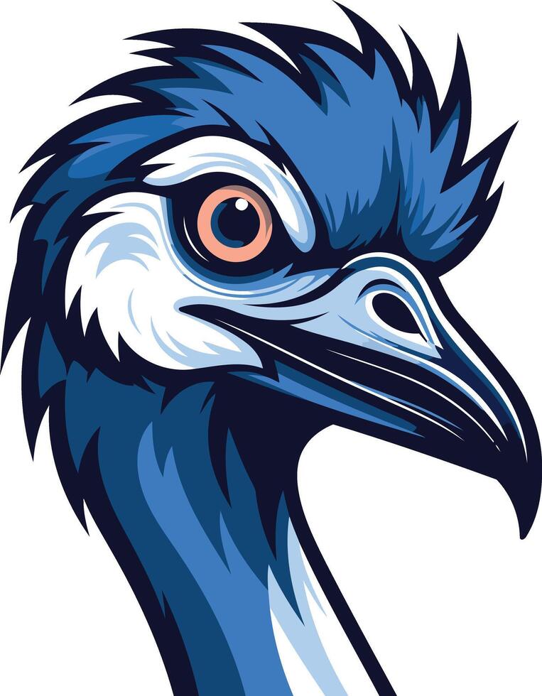 A striking illustration of an emu's head, rendered in a bold blue and white color scheme vector