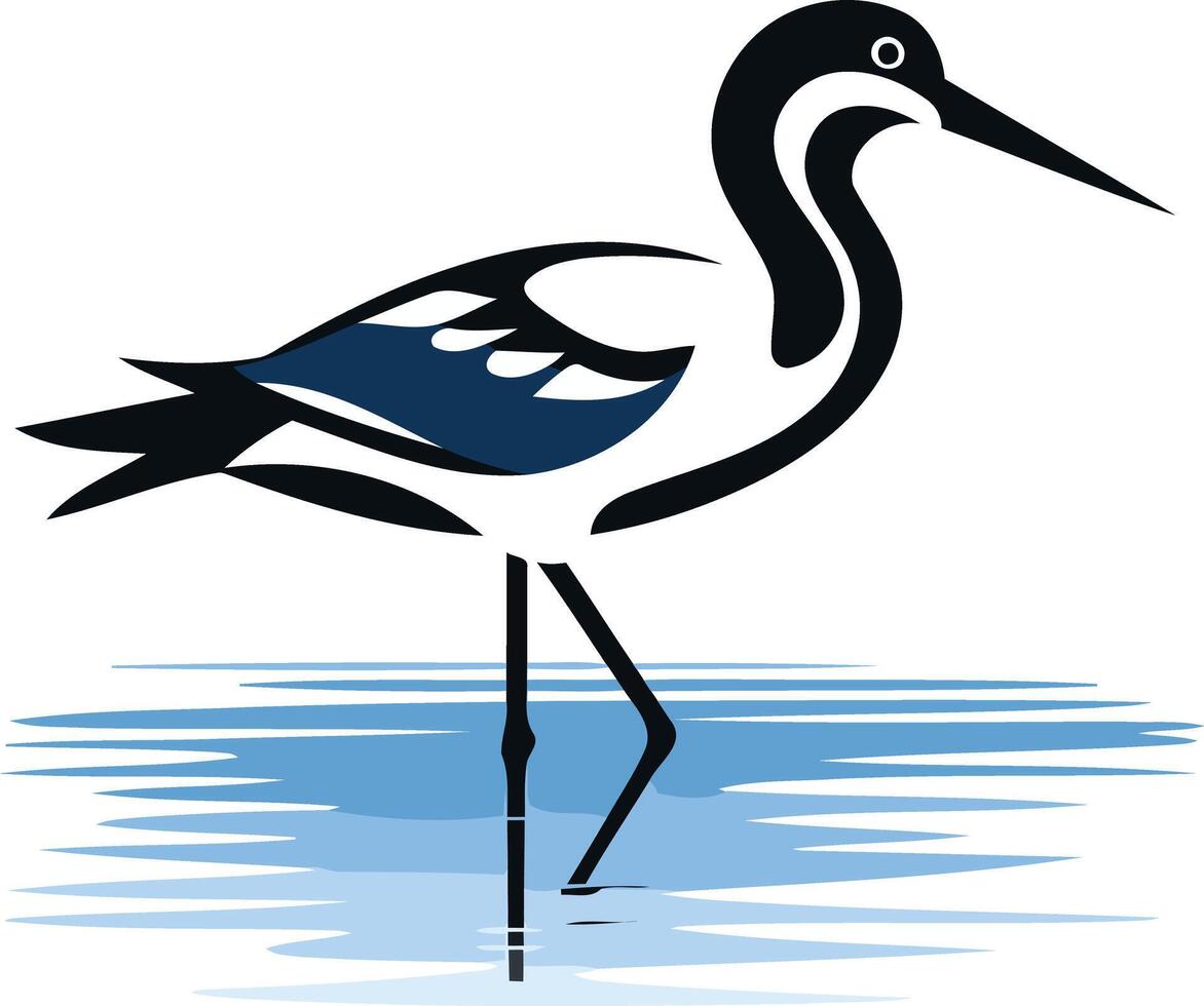 A stylized black and blue heron stands in water, perfect for eco-friendly branding, nature-themed designs, or wildlife conservation projects vector