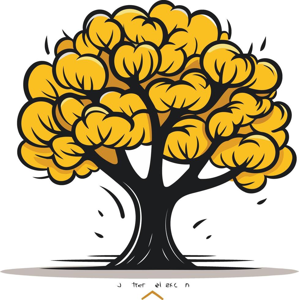 A cartoon style illustration of a large tree with a thick trunk and lush yellow foliage, perfect for branding or as a whimsical design element vector