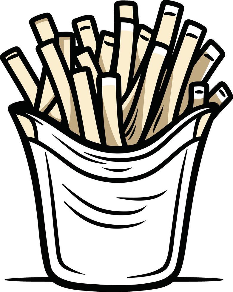 A simple, cartoon illustration of a paper bag filled with a heap of french fries vector