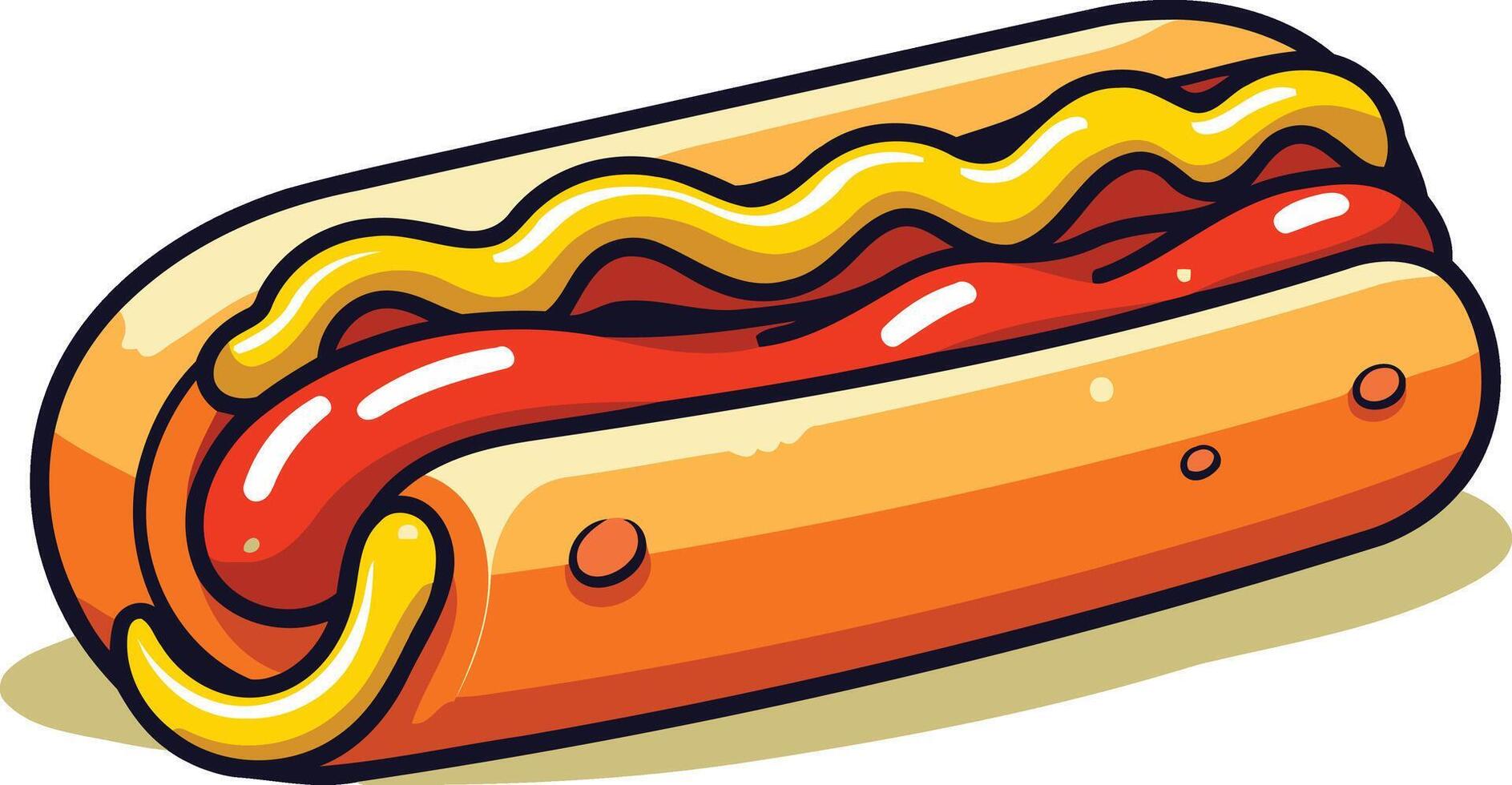 A cartoon illustration of a classic hot dog with ketchup and mustard vector