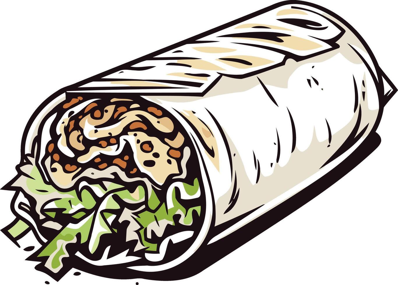 A delicious-looking burrito, wrapped in a soft tortilla and filled with meat, cheese, and lettuce vector