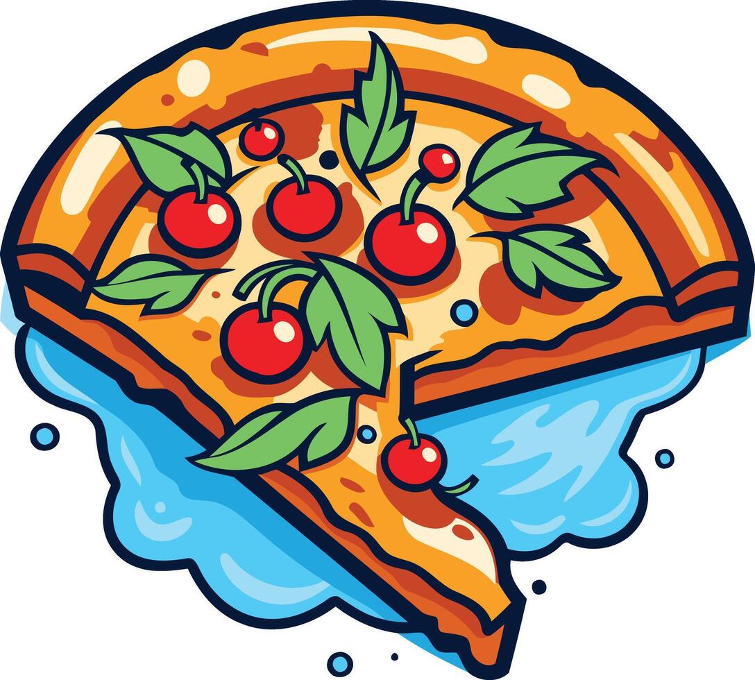 A fun and colorful cartoon illustration of a delicious pizza slice with melted cheese and cherry tomatoes vector
