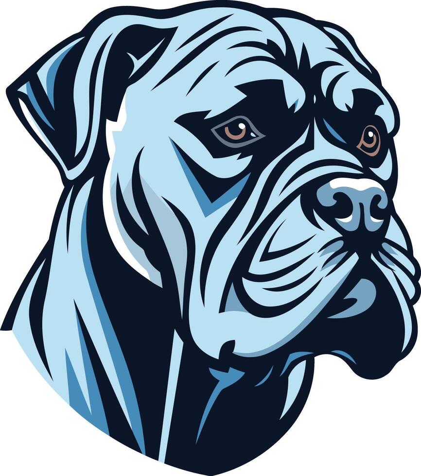 A powerful, expressive illustration of a bulldog's head, rendered in a bold, blue and black color scheme vector