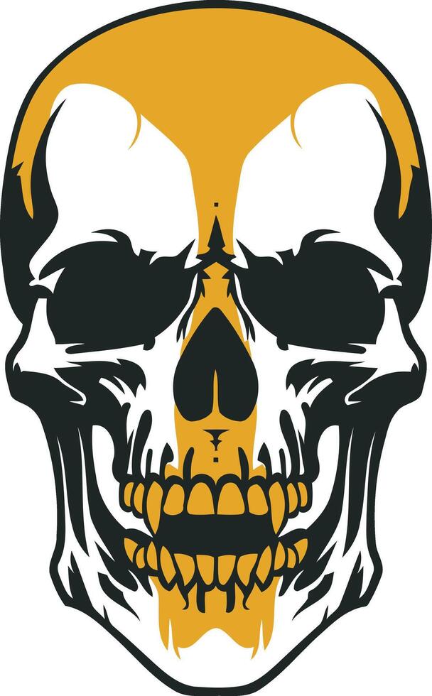 A bold and graphic illustration of a skull with a striking yellow stripe down the center vector