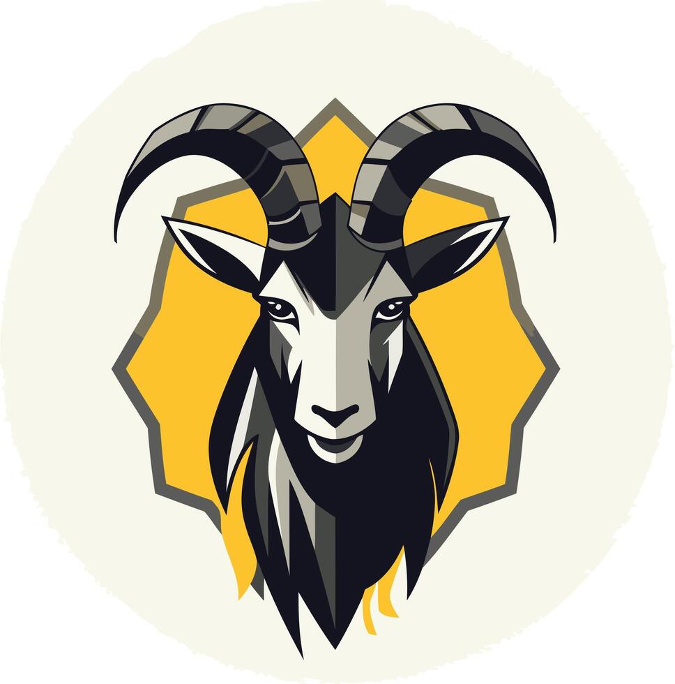 A bold and powerful graphic design featuring the head of a mountain goat in a circular badge, perfect for a logo, emblem or mascot vector