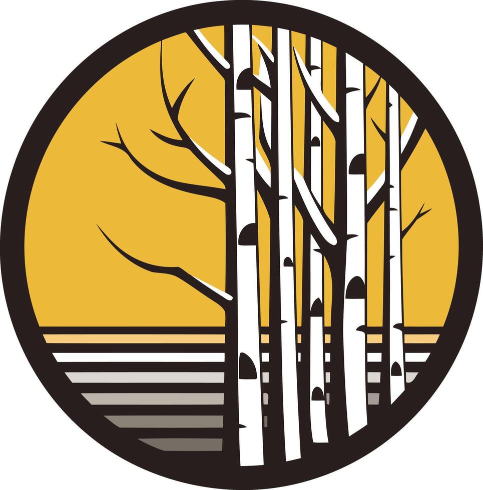 A minimalist, stylized logo featuring birch trees against a sunset background vector