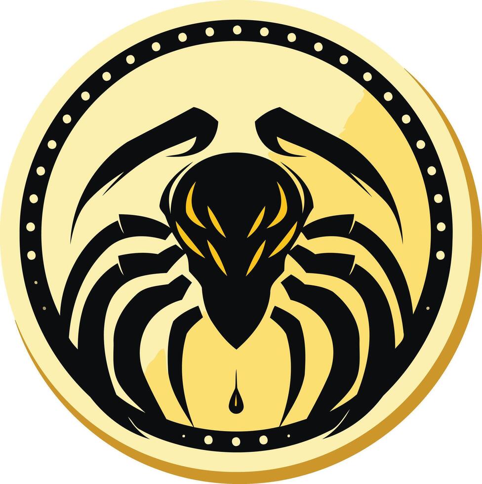 A bold and striking logo featuring a stylized black spider within a circular frame vector