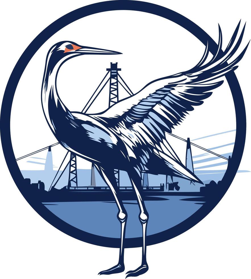 A stylized crane bird logo, with a blue and white color scheme, set against a circular backdrop of a bridge and skyline vector