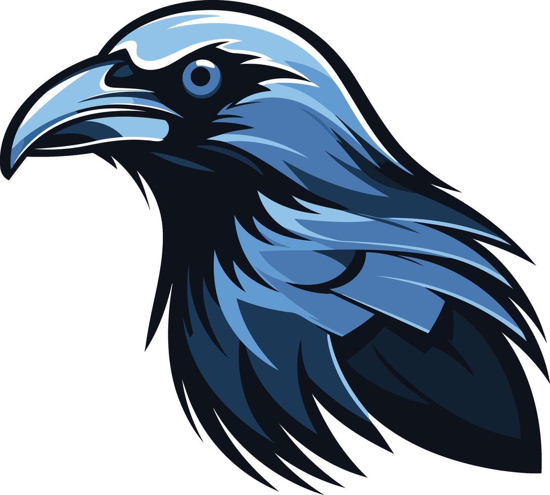 A fierce blue raven head with a sharp gaze, perfect for branding, sports teams, and gaming vector