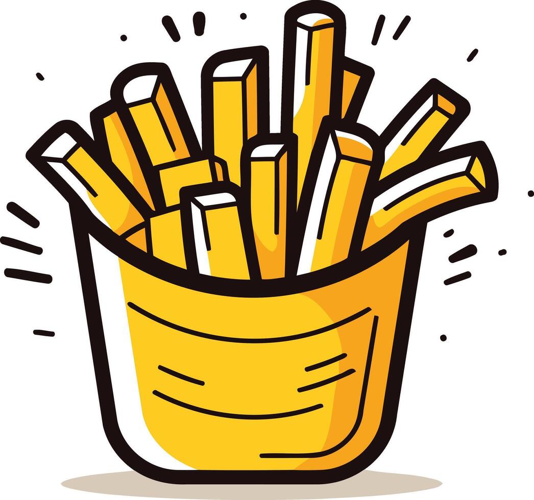 Cartoon illustration of a paper cup filled with french fries, perfect for adding a playful touch to your restaurant menu or food blog vector