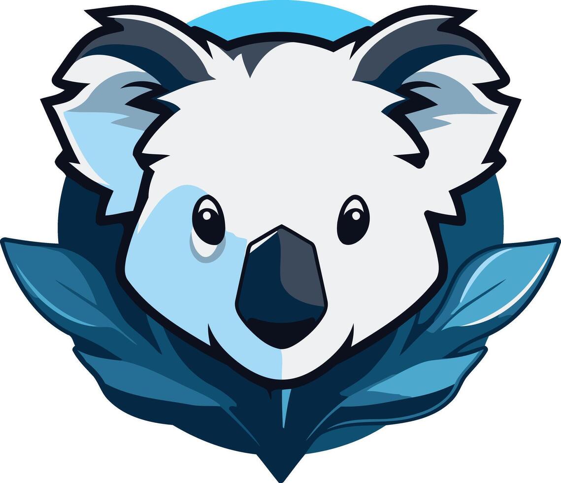 Cute cartoon koala bear mascot with blue leaves and a circle background vector