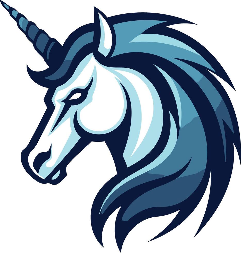 Cool and powerful unicorn head logo in blue and white vector