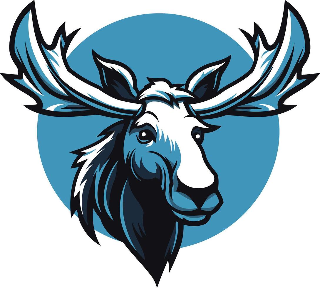 A bold and stylized illustration of a moose's head against a blue circular background vector