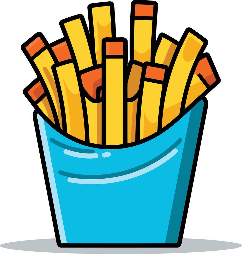A cheerful cartoon illustration of a blue paper container overflowing with golden french fries vector