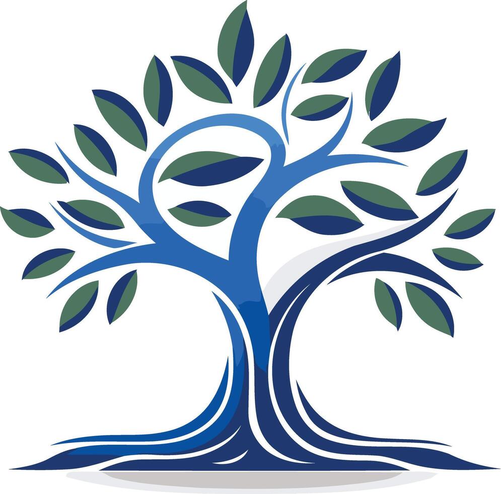 A stylized, abstract tree logo with blue branches and green leaves, representing growth, community, and nature vector