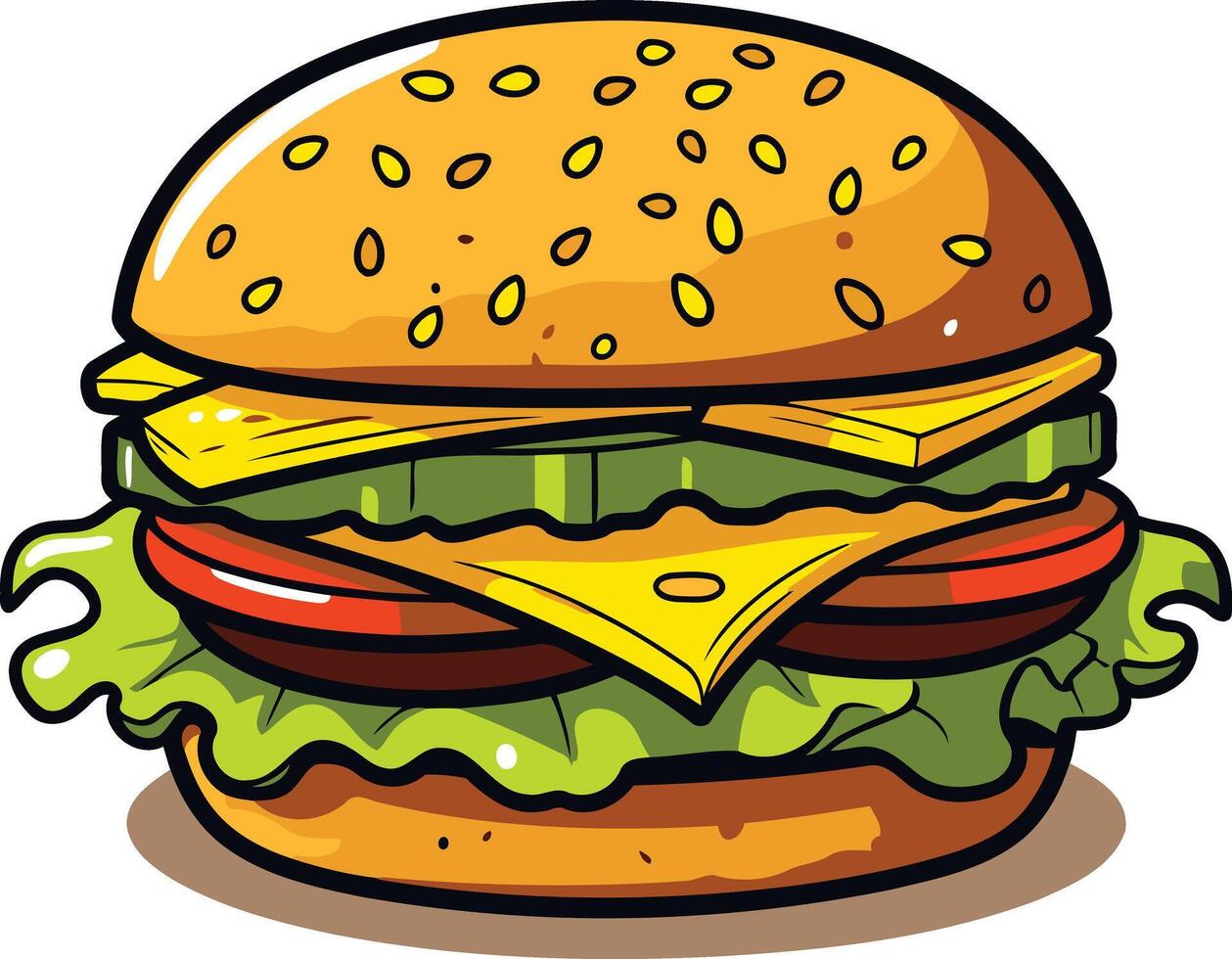 A juicy cartoon burger with lettuce, tomato, cheese, and pickles vector