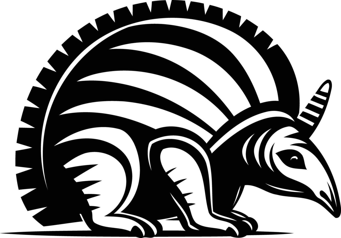 A bold, black and white illustration of an armadillo in a stylized, tribal design vector