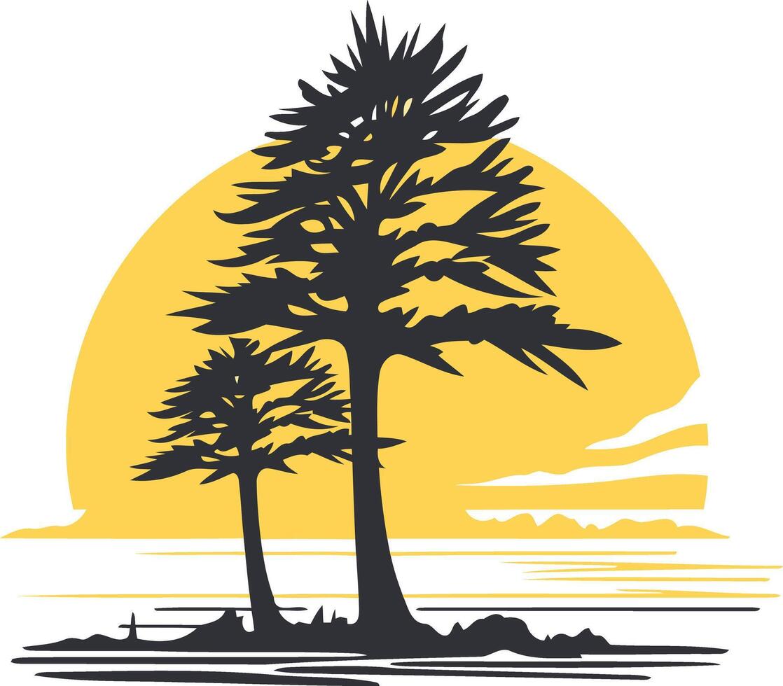 Silhouette of two trees with a yellow sunset behind them vector