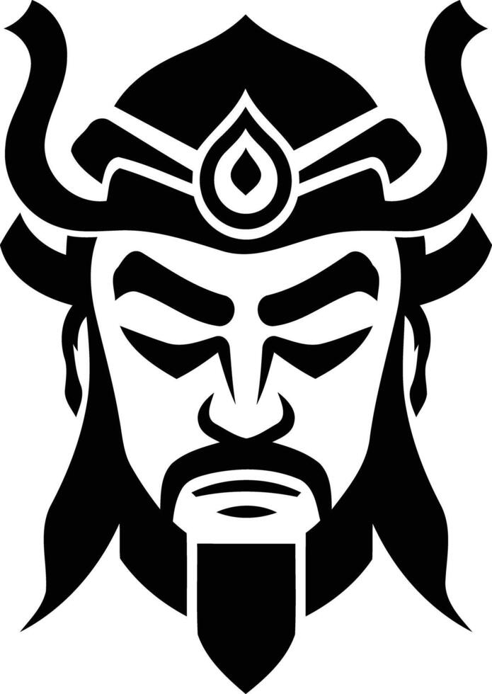 A bold, minimalist illustration of a warrior or king's face in black and white vector
