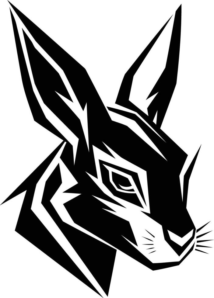 A striking black and white illustration of a rabbit head, designed in an abstract and graphic style vector