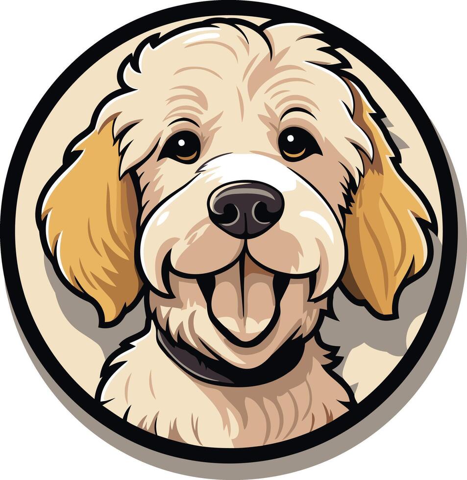 A friendly, cartoon-style illustration of a golden doodle dog with big, expressive eyes and a happy smile vector