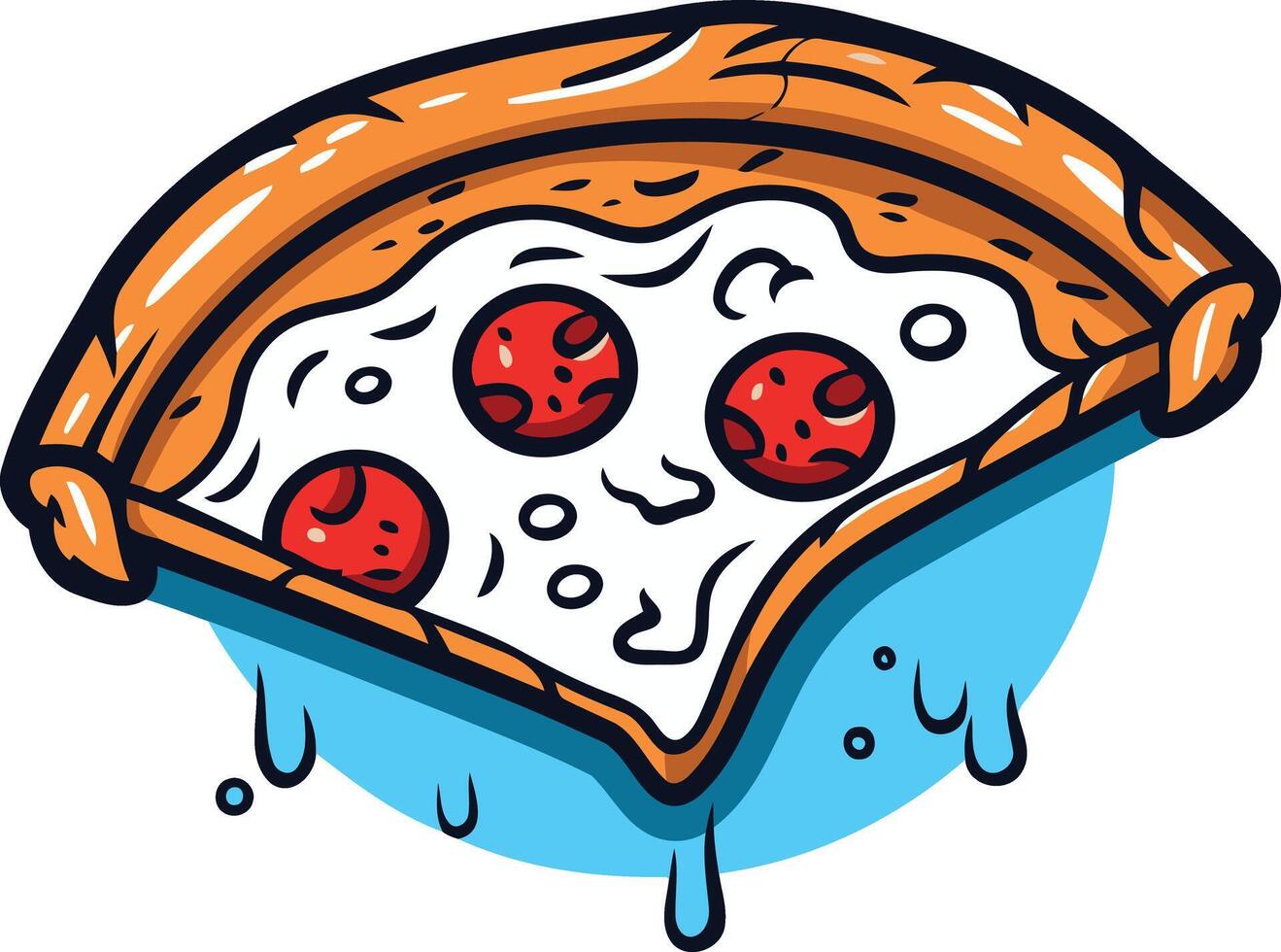 A cartoon illustration of a delicious pizza slice dripping with melted cheese and pepperoni, perfect for food blogs, social media posts, and menu designs vector