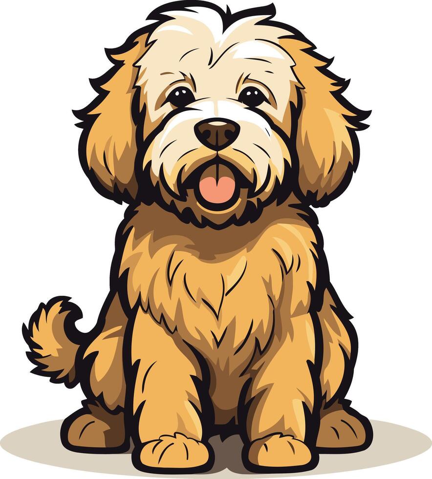 Adorable cartoon doodle of a fluffy golden doodle puppy sitting with a happy expression vector