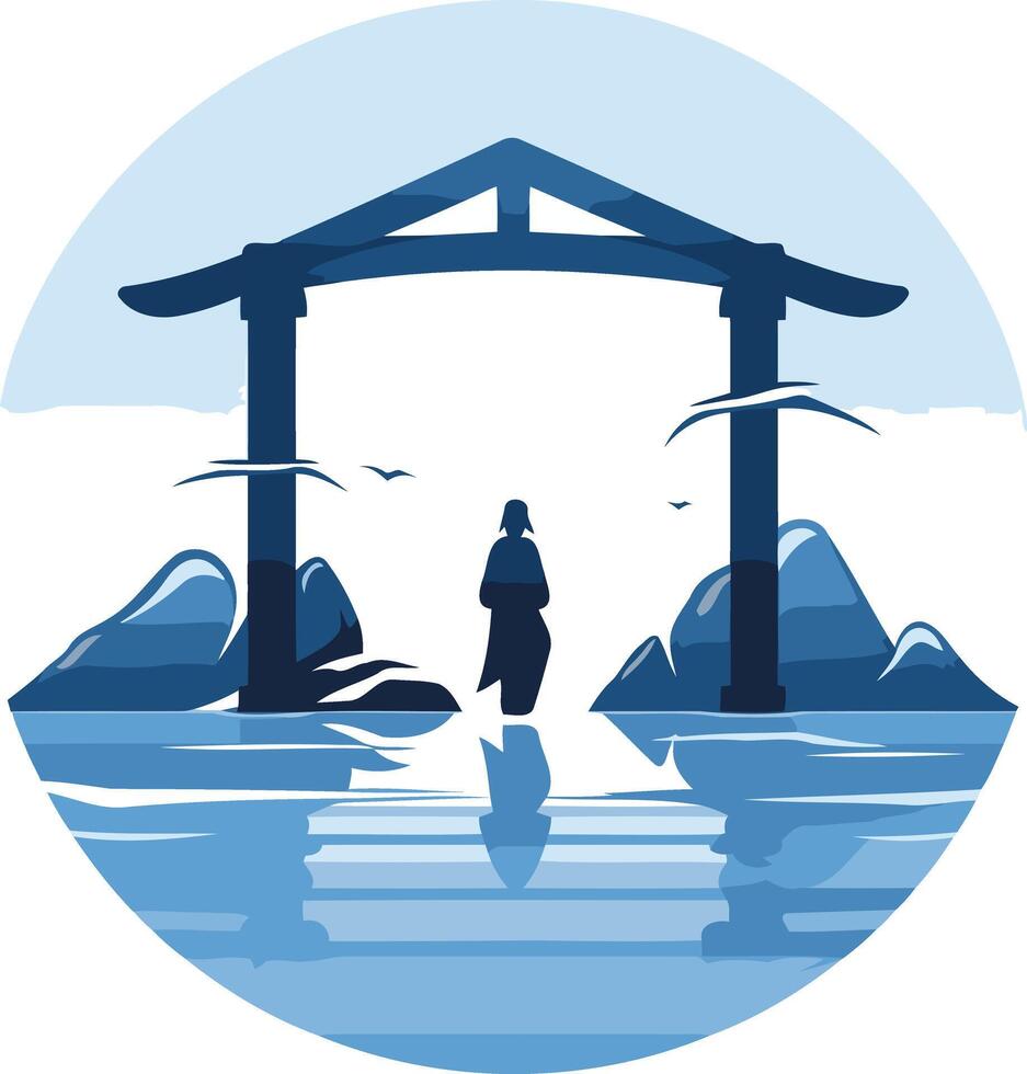 A minimalist silhouette of a person standing before a traditional japanese gate, symbolizing new beginnings, spiritual journeys, and self-discovery vector