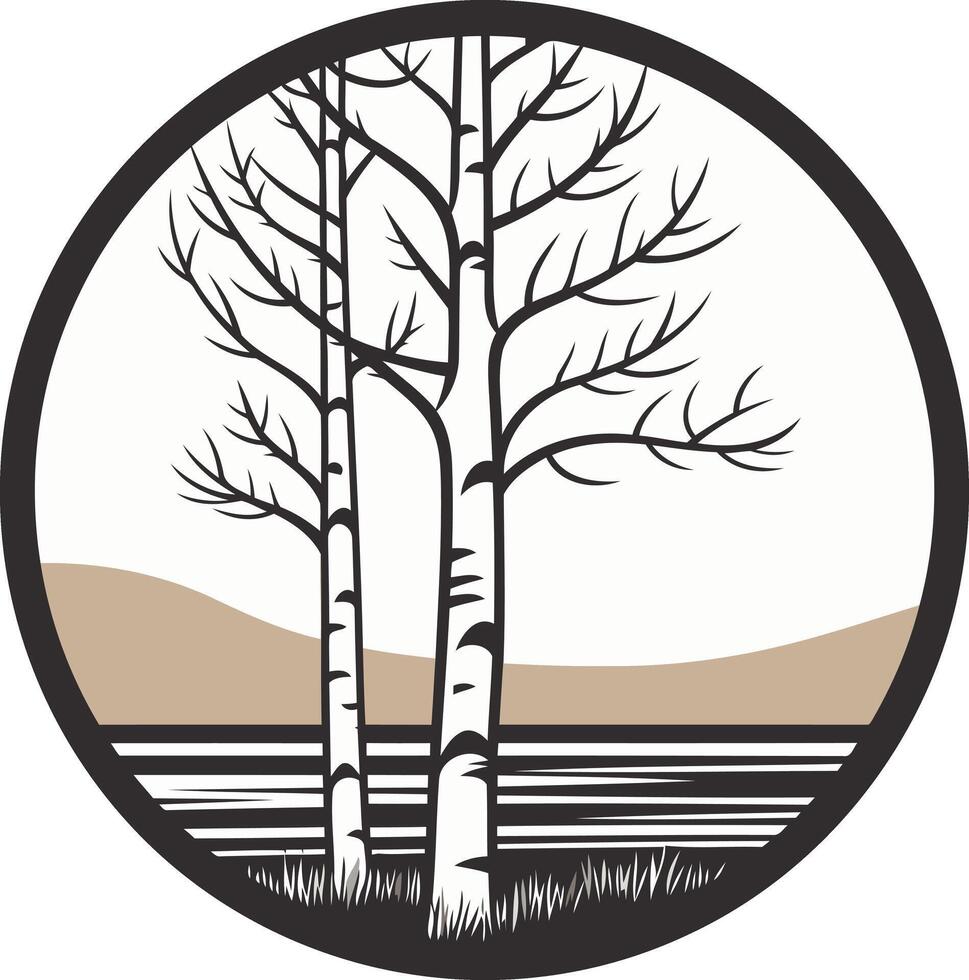 Simple, elegant logo featuring two birch trees against a scenic backdrop vector