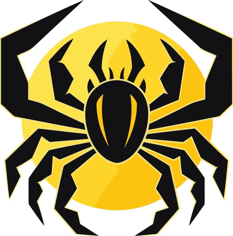 A bold, graphic illustration of a crab silhouette against a bright yellow sun vector