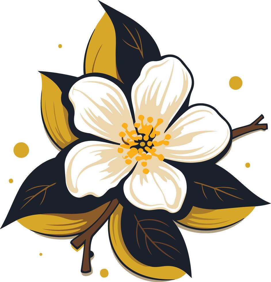 A vibrant illustration of a single white flower with yellow accents, surrounded by dark green and gold leaves vector