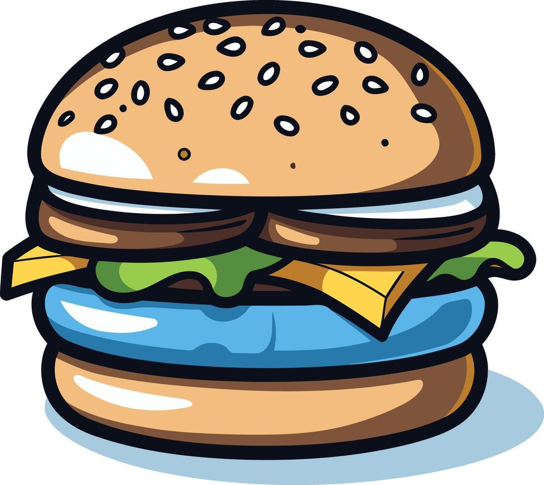 A cartoon burger with a blue ring, perfect for menus, branding, and playful designs vector