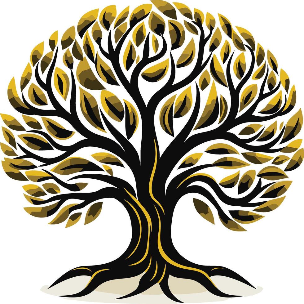 A strong and vibrant tree logo design, featuring a bold, black silhouette with golden leaves vector