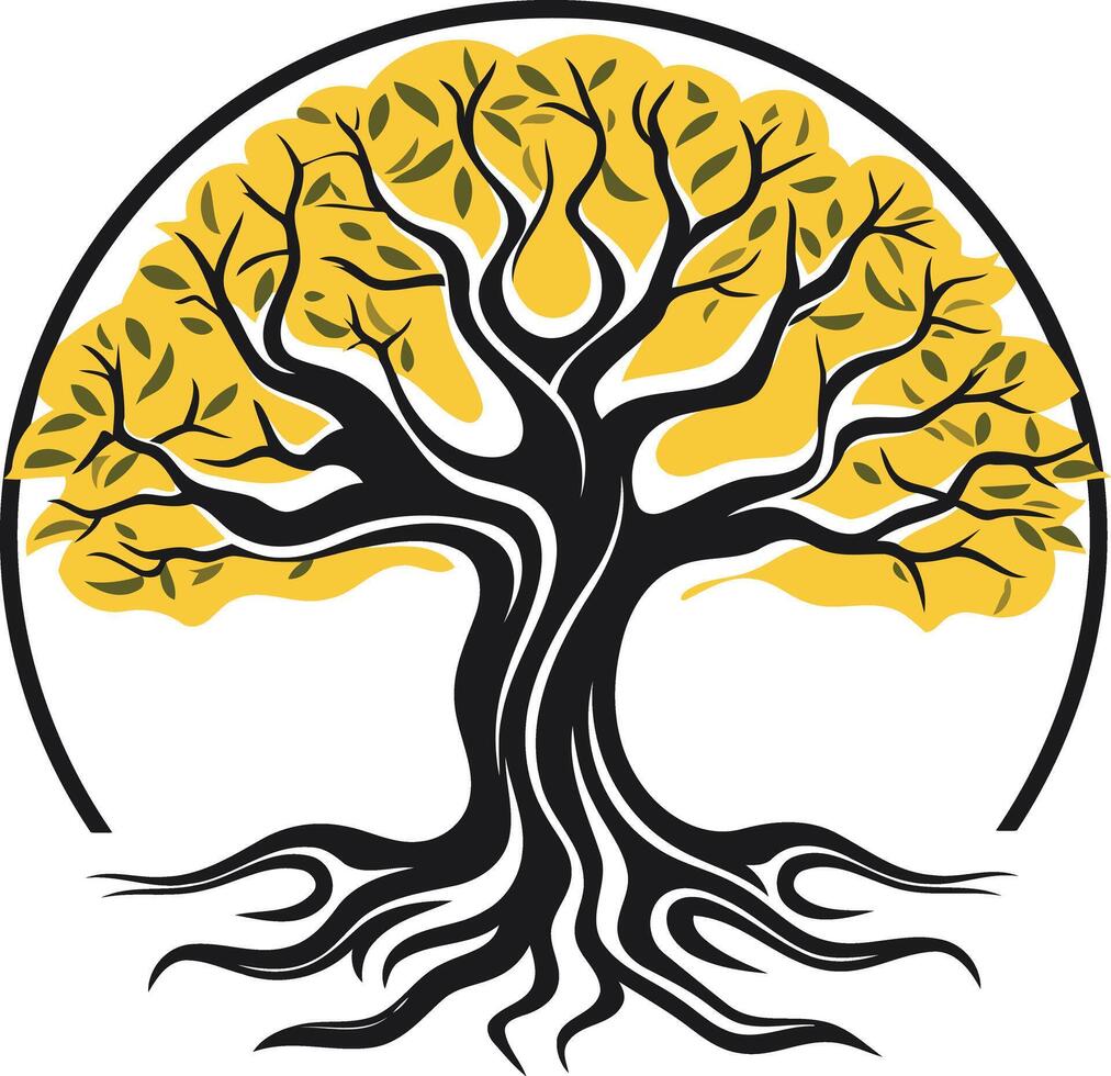 A stylized tree with intricate roots and branches, symbolizing growth, strength, and longevity vector