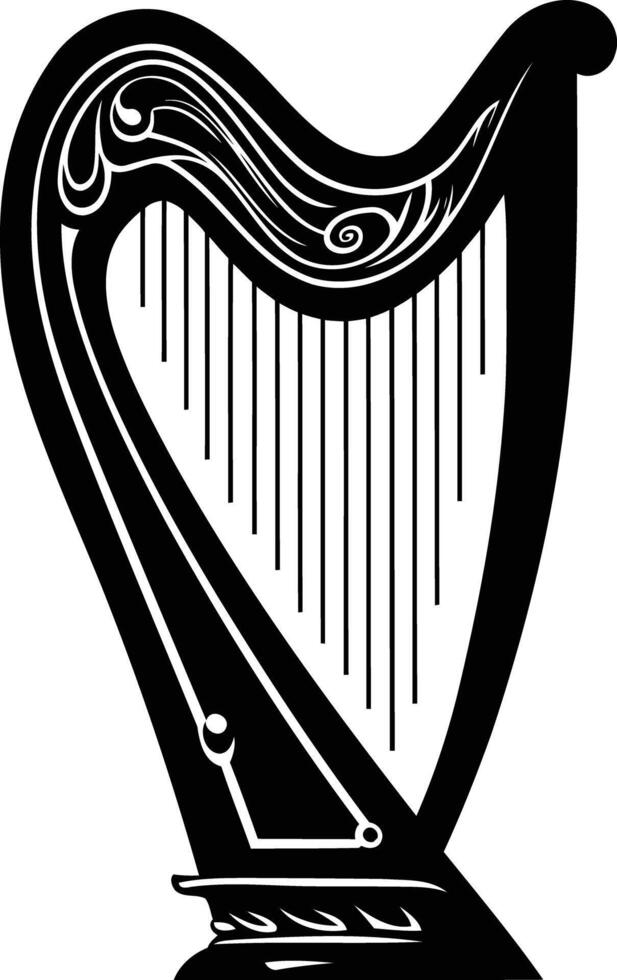 A striking black and white illustration of a celtic harp, perfect for designs related to music, culture, or ireland vector
